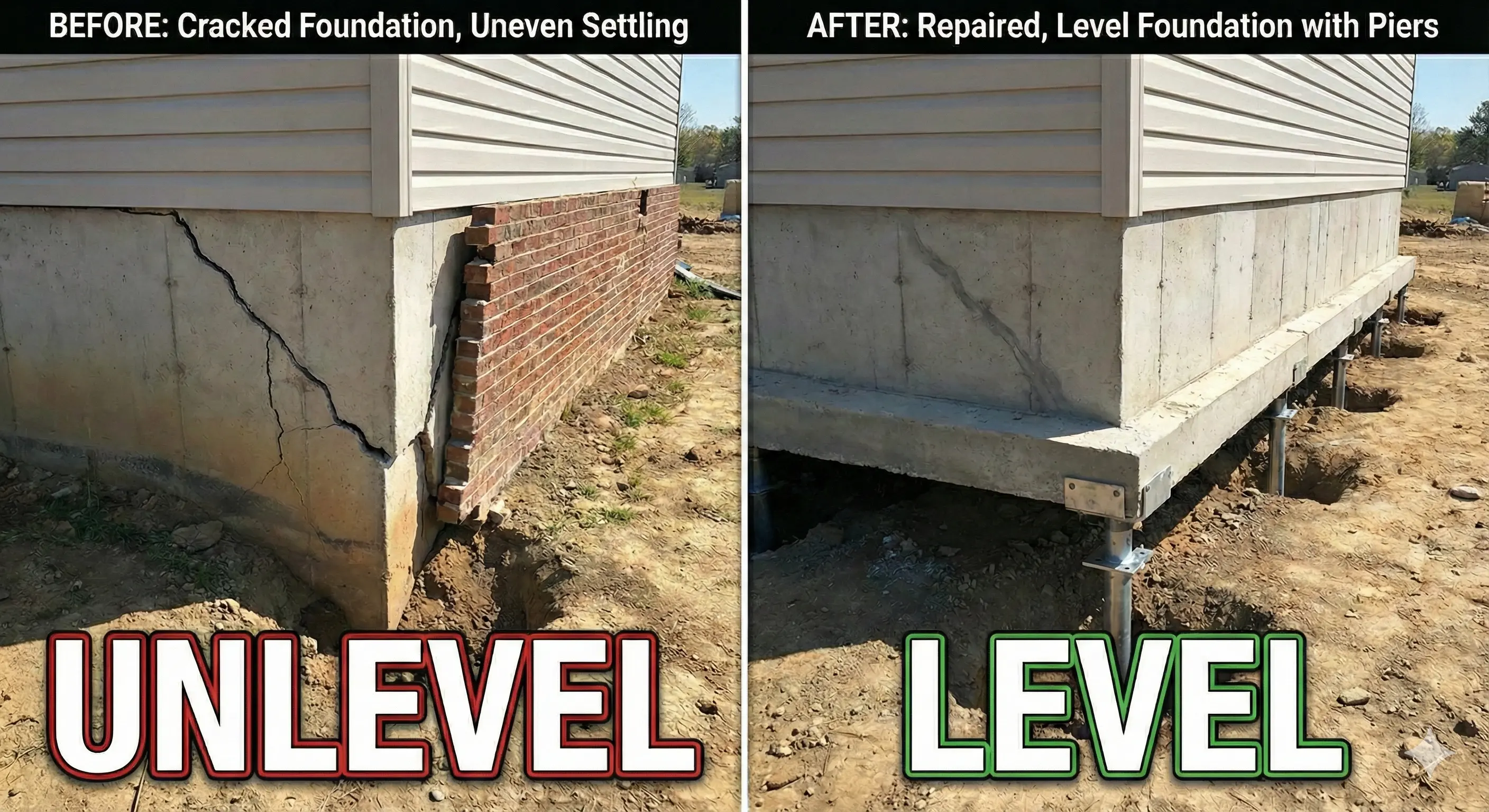 Before and after foundation repair results showing dramatic improvement in foundation leveling and structural stability for Amarillo Texas Panhandle home