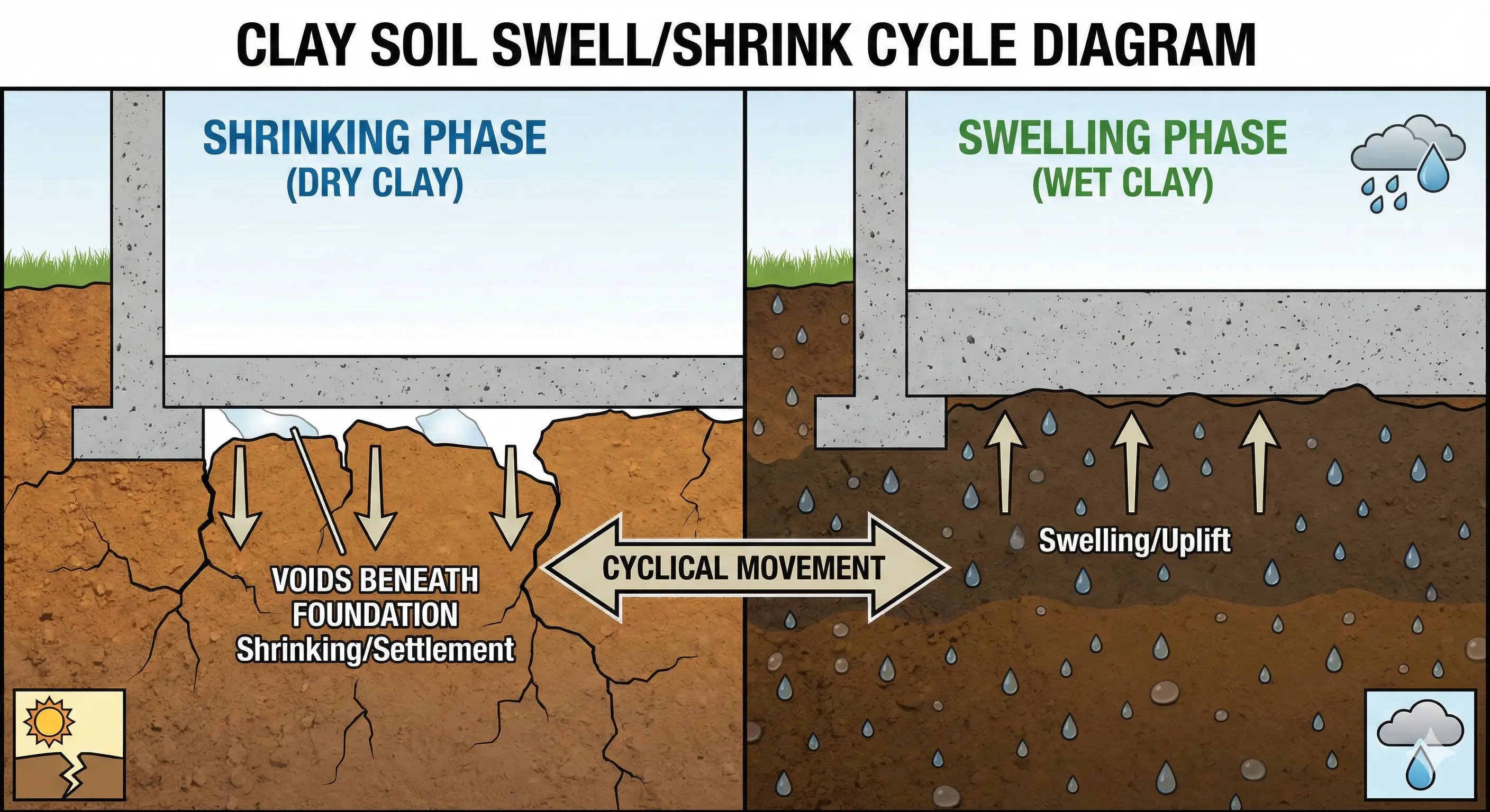 Expansive clay soil swell and shrink cycle showing how clay soil expands when wet and contracts when dry causing foundation damage in Amarillo Texas Panhandle homes