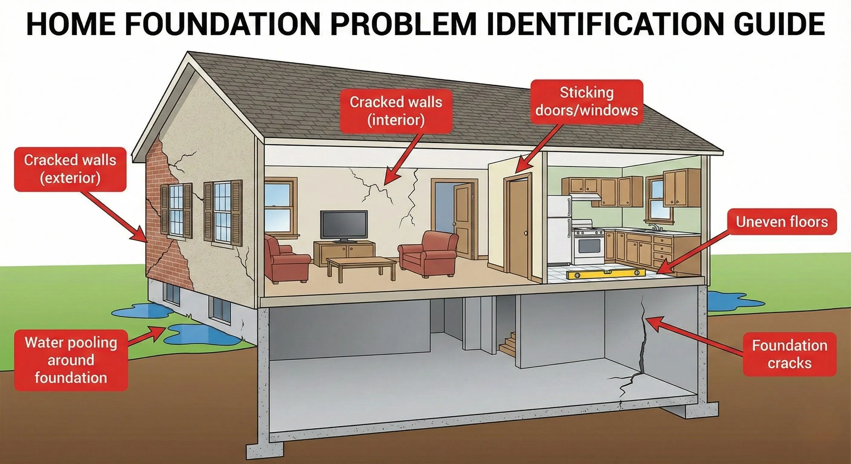 Foundation damage warning signs from expansive clay soil in Amarillo TX homes including cracked walls, sticking doors and windows, uneven floors, and foundation cracks