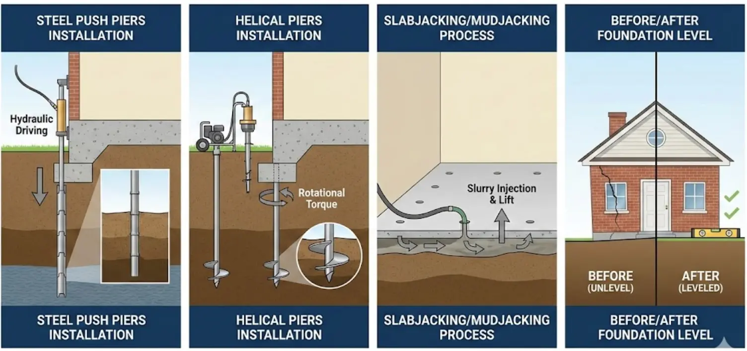 Foundation repair methods comparison showing steel push piers installation, helical piers installation, slabjacking/mudjacking process, and before/after foundation leveling in Amarillo TX